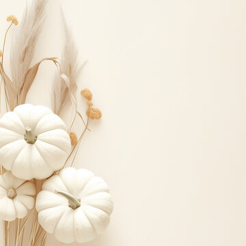 White pumpkins boho autumn background with copy space