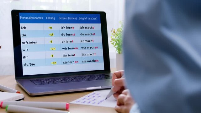 Close-up of a student writing notes while studying German words and grammar on a laptop display at a work desk. The interactive lesson focuses on online foreign language practice. Education concept.