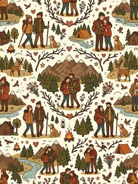 Seamless pattern of couples hiking and camping in mountain landscape