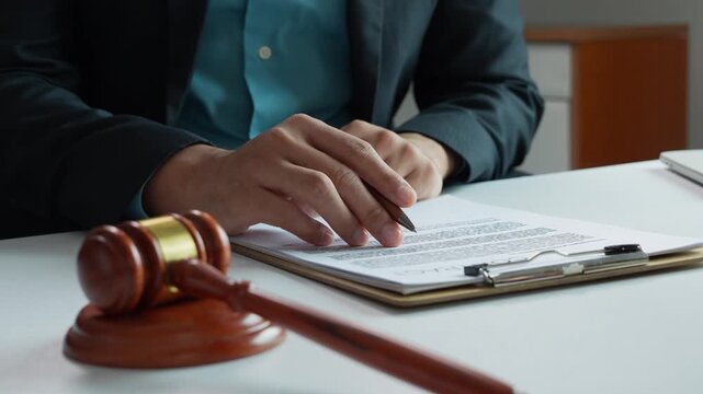 Lawyer reviewing legal contract with gavel on desk