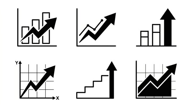 Collection of six black and white upward trending growth and success icons.