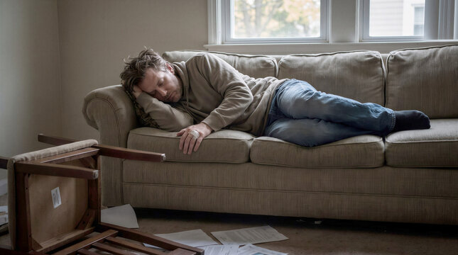 Man lying on a couch surrounded by disarray and papers  