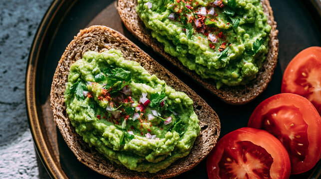 Avocado toast with fresh herbs and tomatoes on a dark plate