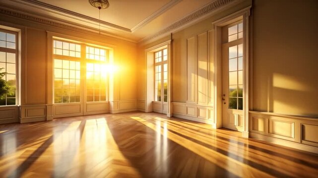 A bright empty room with warm sunlight streaming through windows