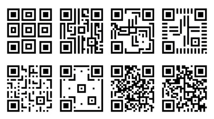 Fototapeta premium Collection of black and white pixel art icons representing various objects and symbols.