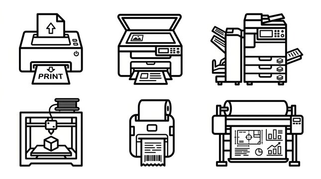 Collection of various office and printing equipment vector illustrations.