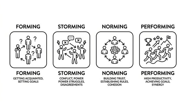 Four Stages of Team Development Process Illustrated with Cartoon Characters.