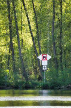 A Traffic Sign Near a Forest Riverbank Surrounded by Lush Green Trees - Nature
