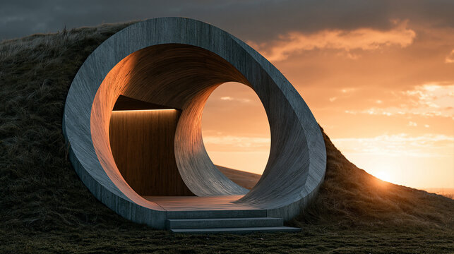 Modern minimalist circular concrete tunnel building integrated into grassy earth shelter hill during golden sunset.