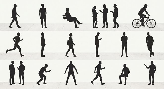 Set of human silhouettes doing various actions walking running cycling and sitting isolated on white background for architectural visualization and design layout