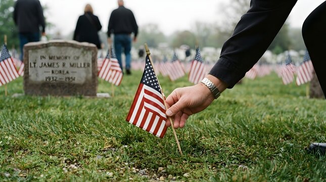 Hand placing a small american flag into the green grass at a military cemetery memorial site
