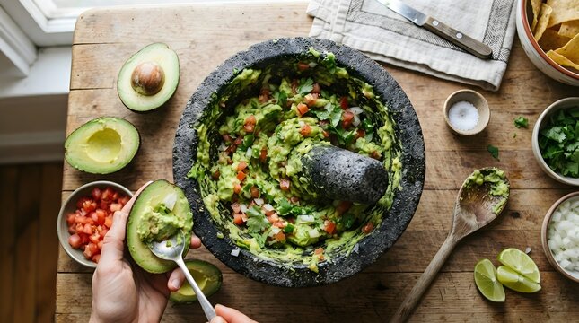 Preparing fresh guacamole in a stone molcajete bowl on a rustic wooden kitchen table