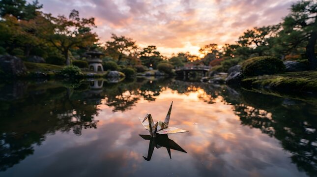 Origami paper crane floating on a calm pond in a japanese garden at golden sunset hour