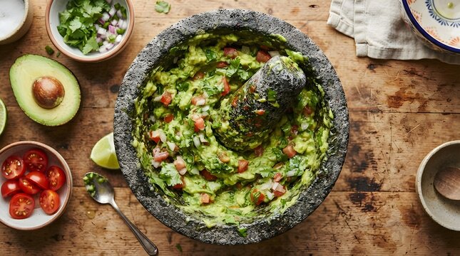 Fresh homemade guacamole in a traditional stone molcajete bowl on a rustic wooden table
