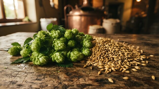 Fresh green hop cones and golden barley grains on a rustic wooden table in a brewery setting