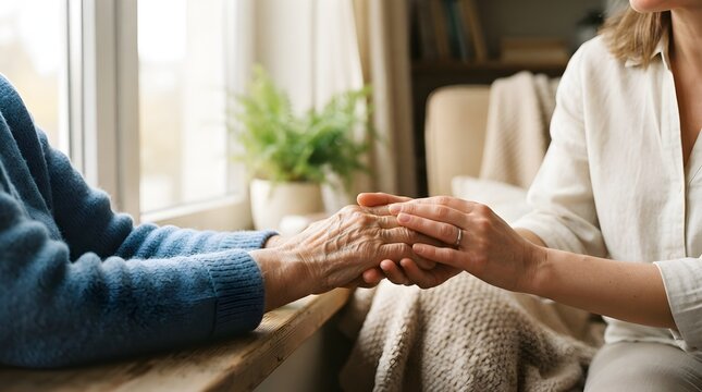 A young person holding the hands of an elderly person to show comfort and support in a home