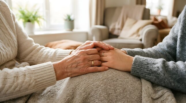 An elderly person and a younger person holding hands to show care and support in a cozy room