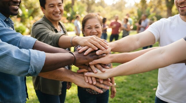 A diverse group of people stacking their hands together in a park to symbolize unity and support