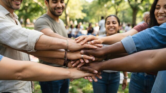 A group of diverse people stacking their hands together in a park to show unity and teamwork