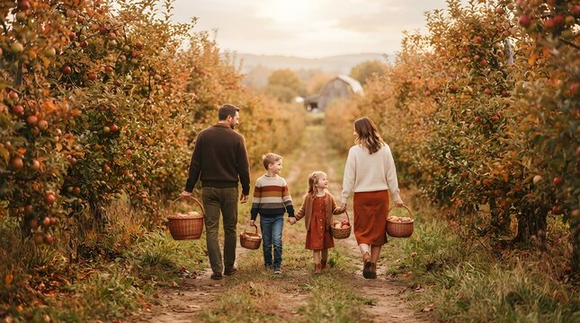 Family carrying wicker baskets while walking through an apple orchard in the autumn