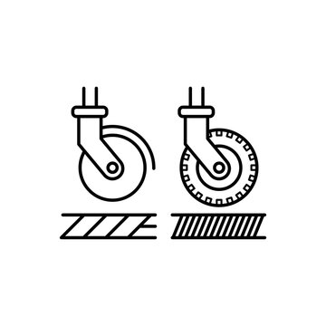 Line icon highlighting different castor wheel types designed for smooth rolling on hard or carpeted floors. 