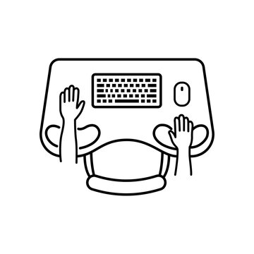 Top-view line illustration of a desk layout with contoured forearm and elbow support pads. 