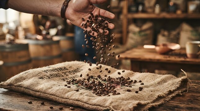 Hand pouring roasted coffee beans onto a burlap sack in a rustic coffee roastery shop