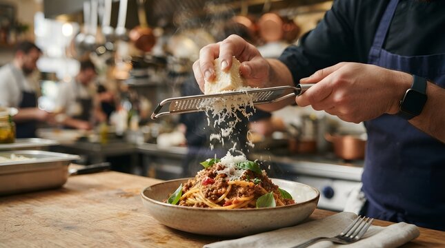 Chef grating fresh parmesan cheese over a bowl of spaghetti pasta in a restaurant kitchen