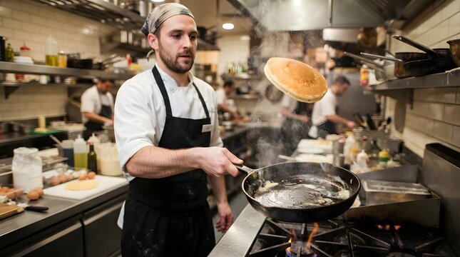 Chef flipping a pancake in a frying pan over a gas stove in a busy restaurant kitchen