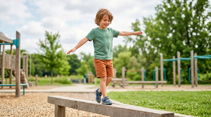 Naklejka na ściany i meble Young boy balancing on a wooden beam at an outdoor playground. Active kid playing and developing coordination skills in a park. Childhood recreation concept