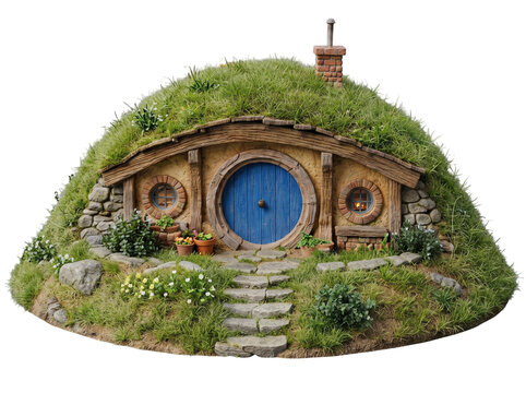 Green cottage with blue round door and grass roof