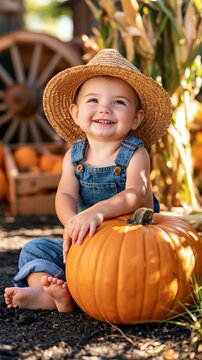 Happy toddler in a straw hat and denim overalls sitting with a pumpkin, enjoying autumn farm activities