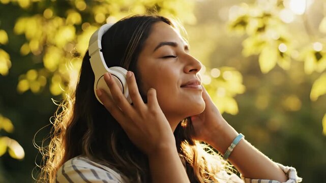 Young woman with eyes closed wearing headphones and enjoying music outdoors in sunlight.