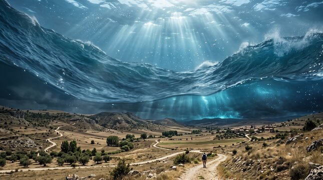Surreal Landscape of Giant Ocean Wave Hovering Over Dry Valley and Rural Road