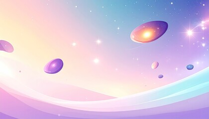 Fototapeta premium Pastel cosmic background with floating planets and soft waves.