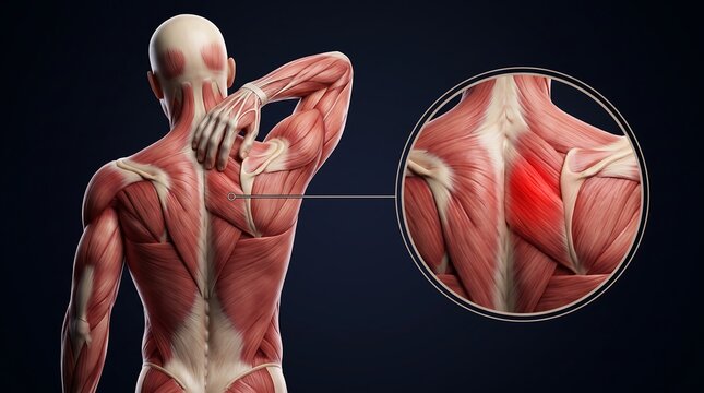 Anatomical illustration of a human back showing muscle structure with a magnified view highlighting pain in the upper back or shoulder blade area.