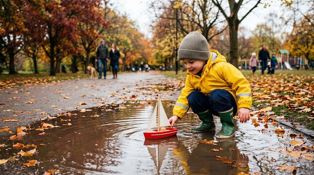 Child playing with a toy sailboat in a puddle in an autumn park