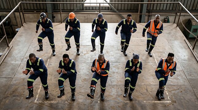 Group of industrial workers performing traditional gumboot dance
