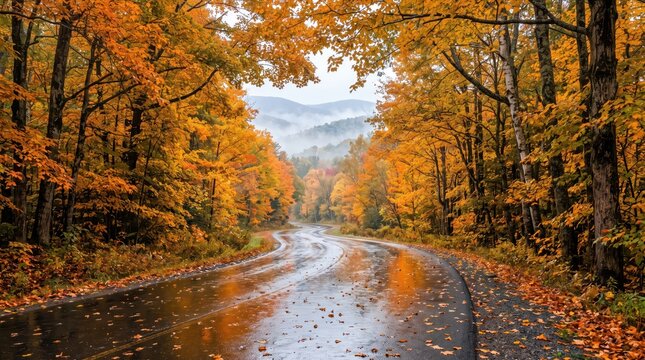 Winding wet road through dense autumn forest with colorful fall foliage and misty hills in background, scenic rainy season landscape and tranquil drive view