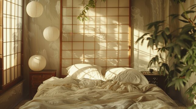 An inviting cozy bedroom with soft rumpled bedding paper lanterns and sliding screen panels where warm afternoon sunlight filters through and green leaves lean in from the side
