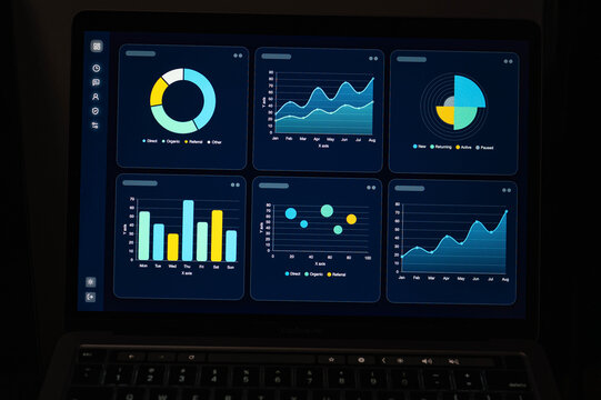Business data analytics dashboard on laptop screen displaying charts, graphs and performance trends, representing business intelligence, reporting, statistics and digital data visualization.