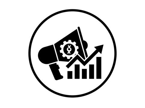 Marketing icon with megaphone gears graph and upward trend black vector illustration.