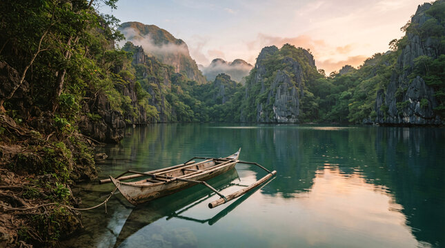 Traditional outrigger canoe resting on a tranquil tropical lagoon at sunrise, surrounded by lush rainforest and dramatic mist-covered limestone cliffs reflected in calm emerald water.