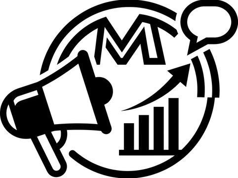 Marketing icon with megaphone graph and hand black vector illustration on a white background.