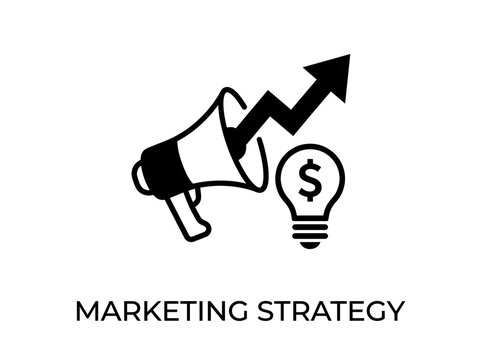 Marketing strategy concept with megaphone growth chart and lightbulb icon on a white background.
