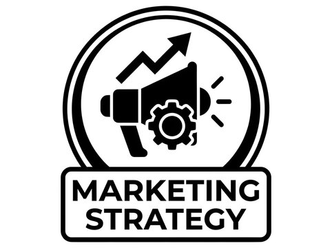 Marketing strategy icon with megaphone and growth chart black vector illustration on white background.