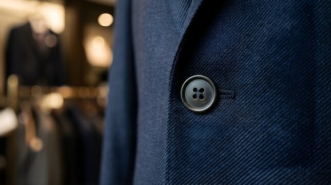Close up of a blue wool suit jacket button in a professional clothing store
