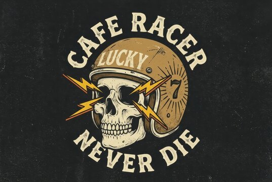 Vintage Cafe Racer Skull Illustration with Motorcycle Helmet and Lightning Bolts Graphic