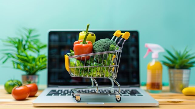 A shopping cart filled with fresh colorful produce stands on a clean floor in a bright supermarket aisle where rows of vegetables and fruit stretch away into softly blurred background