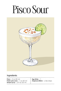 A watercolor pisco sour cocktail poster with an ingredient list, showing a crystal coupe glass topped with egg white foam, bitters drops and a lime wheel on a soft beige background